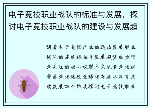 电子竞技职业战队的标准与发展，探讨电子竞技职业战队的建设与发展趋势。