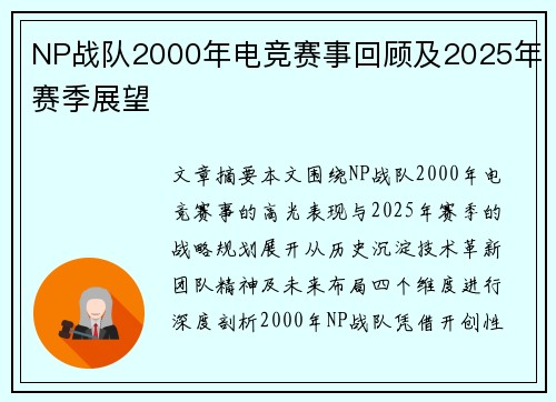 NP战队2000年电竞赛事回顾及2025年赛季展望