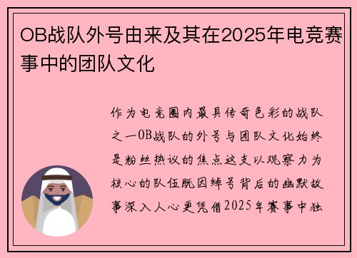 OB战队外号由来及其在2025年电竞赛事中的团队文化